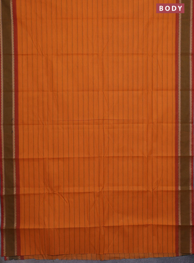 Chettinad cotton saree mango yellow and rust shade with allover stripe pattern and rettapet thread woven border