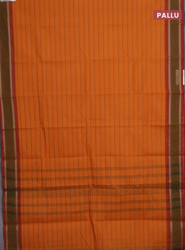 Chettinad cotton saree mango yellow and rust shade with allover stripe pattern and rettapet thread woven border
