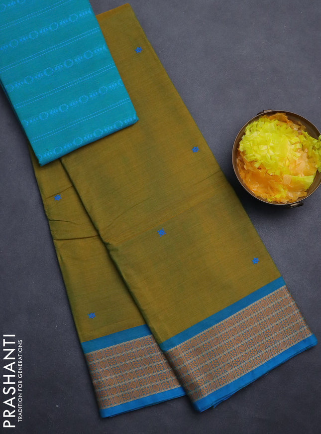 Chettinad cotton saree mustard green and blue with thread woven buttas and thread woven border