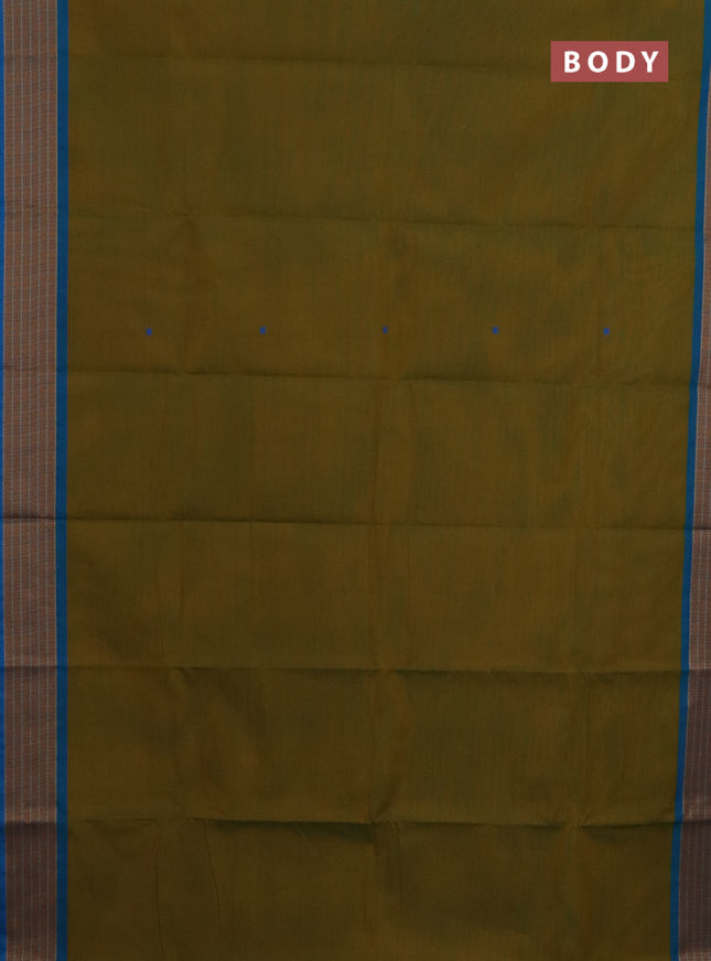 Chettinad cotton saree mustard green and blue with thread woven buttas and thread woven border