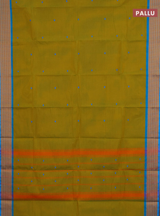 Chettinad cotton saree mustard green and blue with thread woven buttas and thread woven border