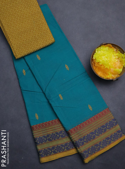 Chettinad cotton saree teal green shade and mustard shade with thread woven buttas and thread woven border
