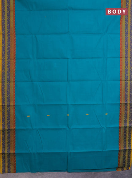 Chettinad cotton saree teal green shade and mustard shade with thread woven buttas and thread woven border