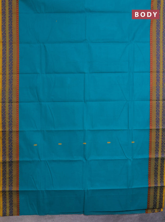 Chettinad cotton saree teal green shade and mustard shade with thread woven buttas and thread woven border