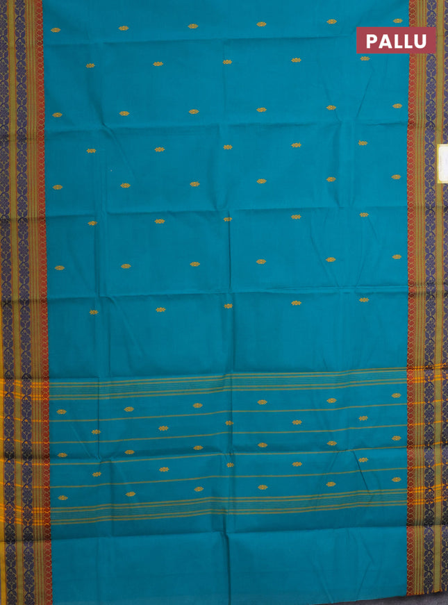 Chettinad cotton saree teal green shade and mustard shade with thread woven buttas and thread woven border