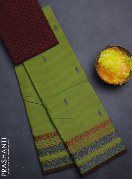 Chettinad cotton saree light green and brown with thread woven buttas and thread woven border