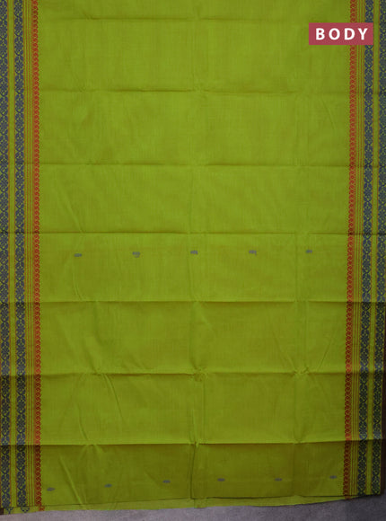 Chettinad cotton saree light green and brown with thread woven buttas and thread woven border