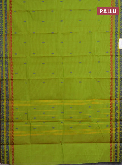 Chettinad cotton saree light green and brown with thread woven buttas and thread woven border