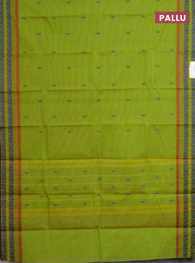 Chettinad cotton saree light green and brown with thread woven buttas and thread woven border