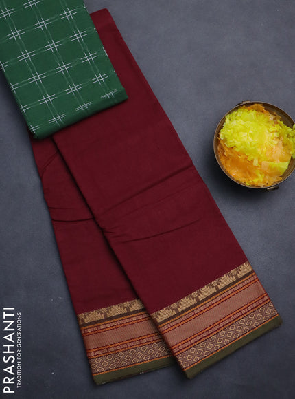 Chettinad cotton saree deep maroon and green with plain body and thread woven border
