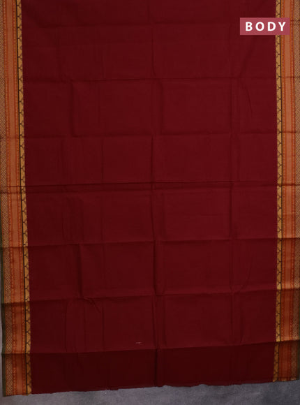 Chettinad cotton saree deep maroon and green with plain body and thread woven border