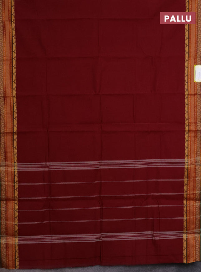 Chettinad cotton saree deep maroon and green with plain body and thread woven border