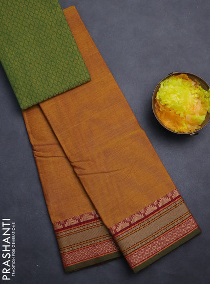 Chettinad cotton saree mustard yellow and sap green with plain body and thread woven border