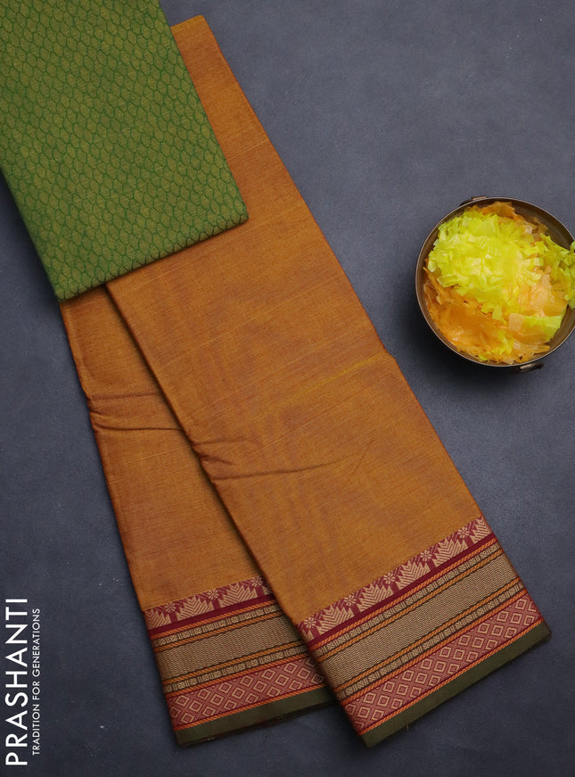 Chettinad cotton saree mustard yellow and sap green with plain body and thread woven border