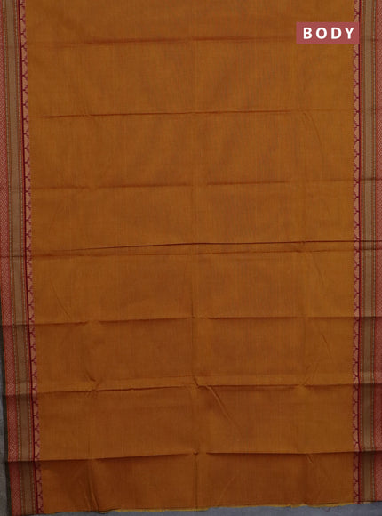 Chettinad cotton saree mustard yellow and sap green with plain body and thread woven border
