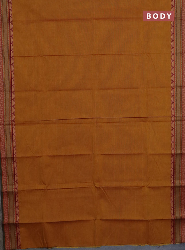 Chettinad cotton saree mustard yellow and sap green with plain body and thread woven border
