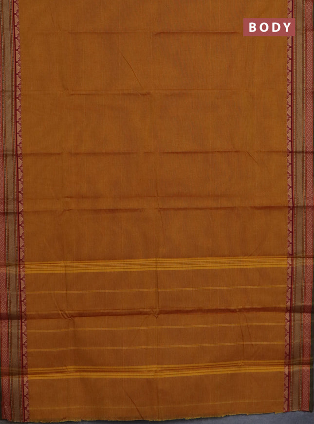 Chettinad cotton saree mustard yellow and sap green with plain body and thread woven border