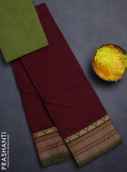 Chettinad cotton saree maroon and sap green with plain body and thread woven border