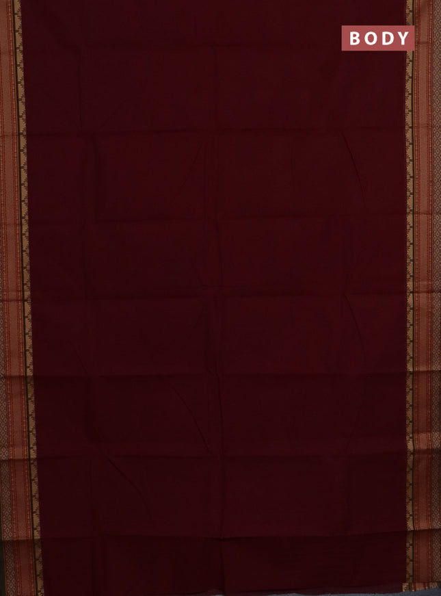 Chettinad cotton saree maroon and sap green with plain body and thread woven border
