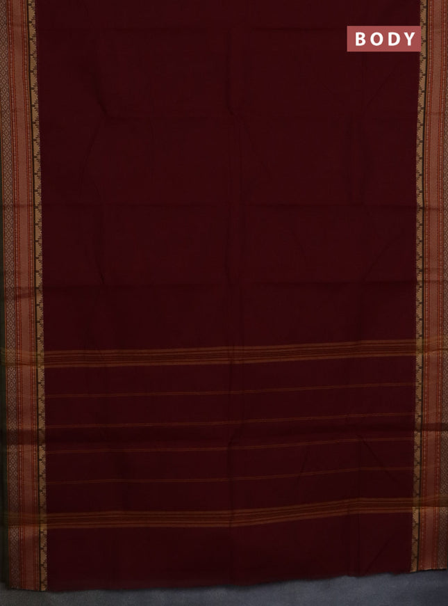 Chettinad cotton saree maroon and sap green with plain body and thread woven border
