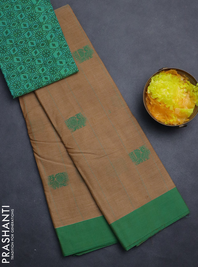 Chettinad cotton saree sandal and green with thread woven buttas and simple border