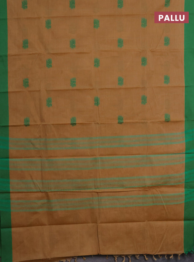 Chettinad cotton saree sandal and green with thread woven buttas and simple border