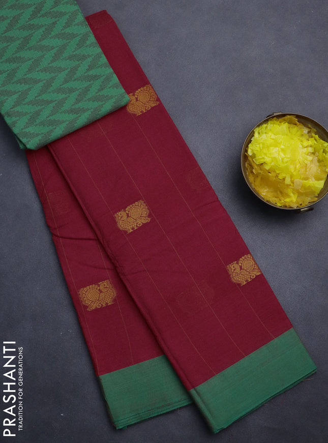 Chettinad cotton saree red and green with allover stripe pattern & thread woven buttas and simple border