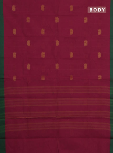 Chettinad cotton saree red and green with allover stripe pattern & thread woven buttas and simple border
