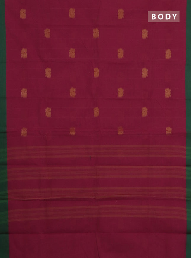 Chettinad cotton saree red and green with allover stripe pattern & thread woven buttas and simple border