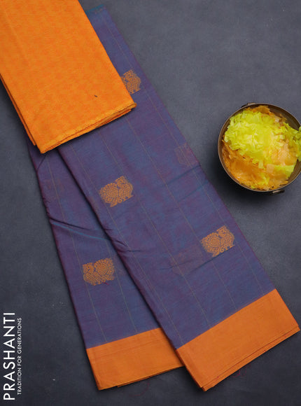 Chettinad cotton saree dual shade of bluish purple and mango yellow with allover stripe pattern & thread woven buttas and simple border