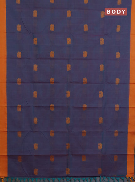 Chettinad cotton saree dual shade of bluish purple and mango yellow with allover stripe pattern & thread woven buttas and simple border