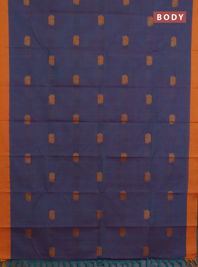 Chettinad cotton saree dual shade of bluish purple and mango yellow with allover stripe pattern & thread woven buttas and simple border