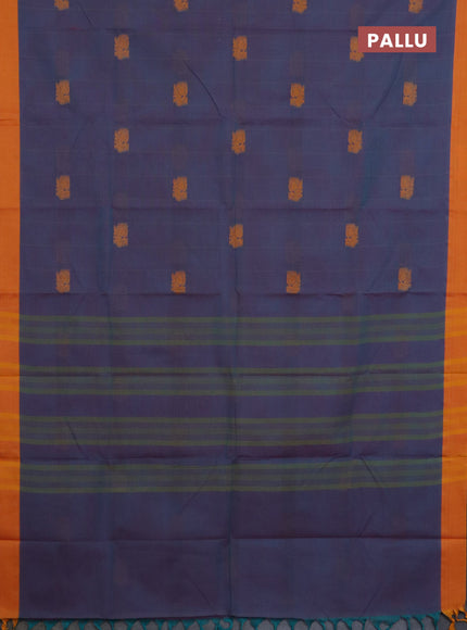 Chettinad cotton saree dual shade of bluish purple and mango yellow with allover stripe pattern & thread woven buttas and simple border