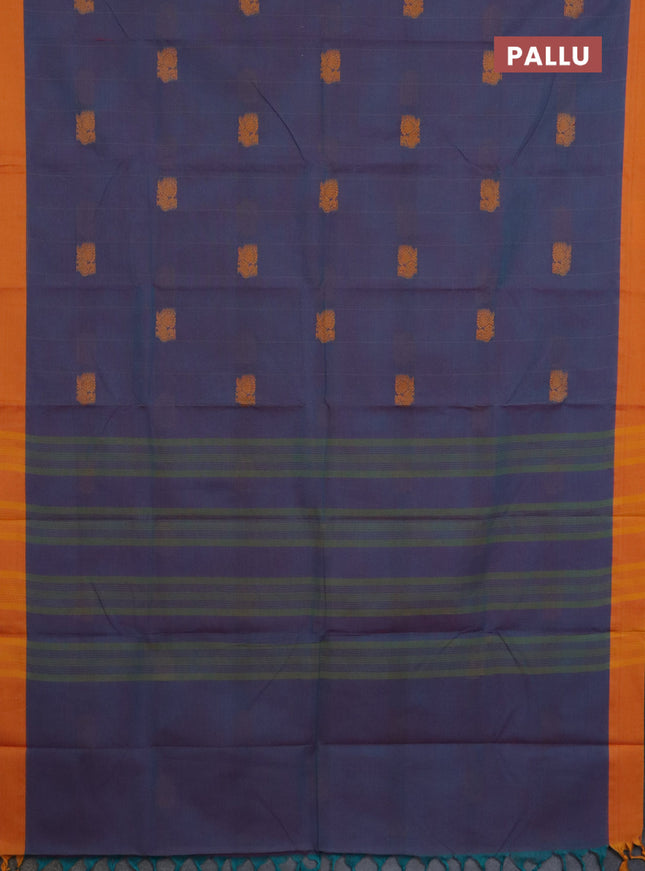 Chettinad cotton saree dual shade of bluish purple and mango yellow with allover stripe pattern & thread woven buttas and simple border