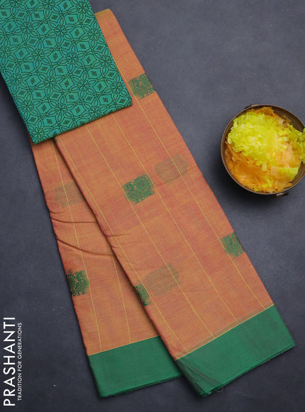 Chettinad cotton saree dual shade of yellowish pink and green with allover stripe pattern & thread woven buttas and simple border