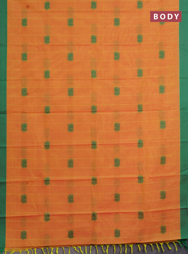 Chettinad cotton saree dual shade of yellowish pink and green with allover stripe pattern & thread woven buttas and simple border
