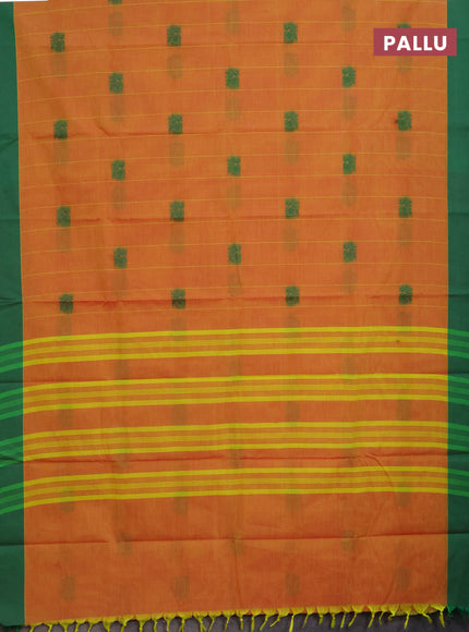 Chettinad cotton saree dual shade of yellowish pink and green with allover stripe pattern & thread woven buttas and simple border