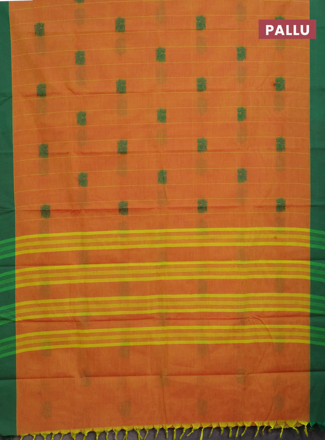 Chettinad cotton saree dual shade of yellowish pink and green with allover stripe pattern & thread woven buttas and simple border