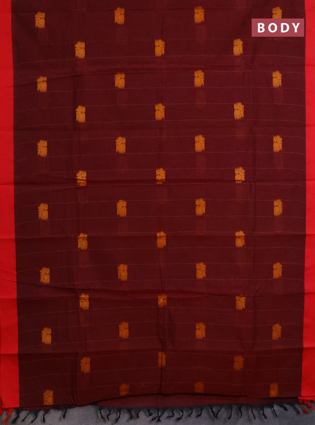 Chettinad cotton saree deep maroon and red with allover stripe pattern & thread woven buttas and simple border