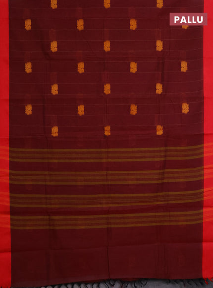 Chettinad cotton saree deep maroon and red with allover stripe pattern & thread woven buttas and simple border