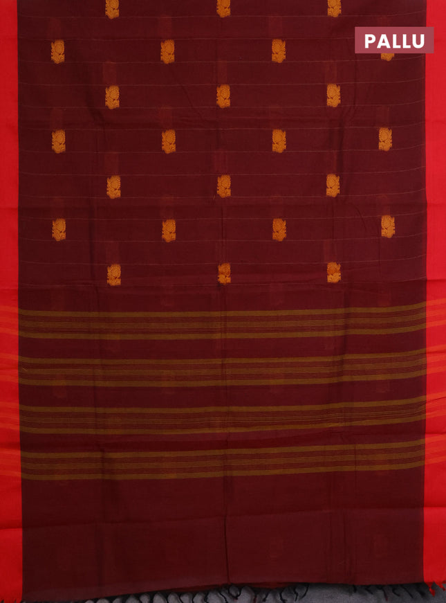 Chettinad cotton saree deep maroon and red with allover stripe pattern & thread woven buttas and simple border
