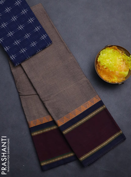Chettinad cotton saree chikku shade and nmaroon navy blue with plain body and rettapet thread woven border