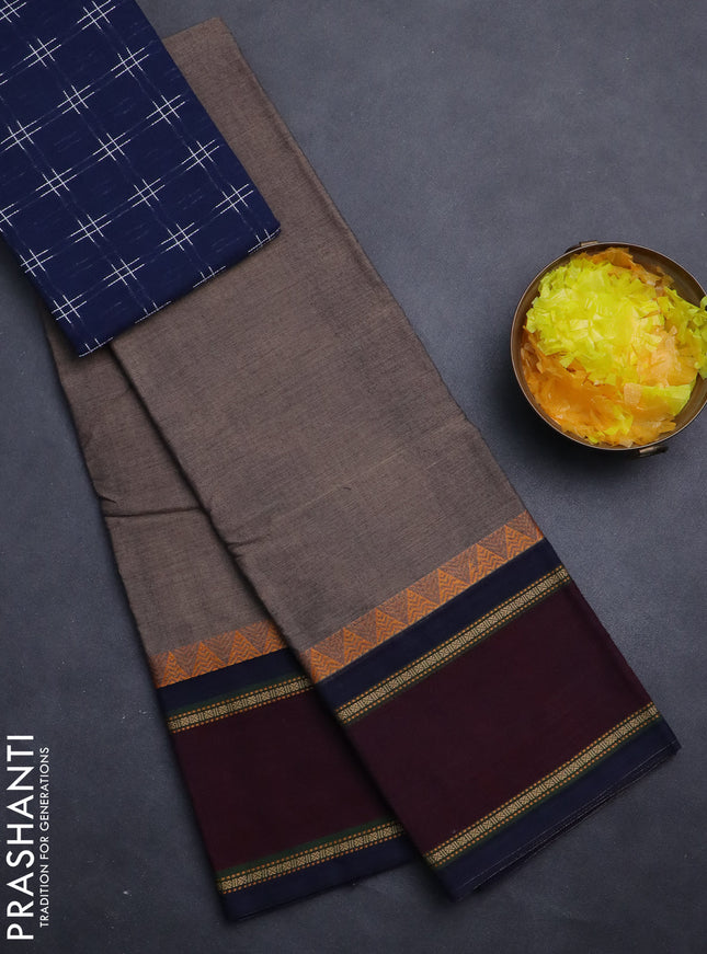 Chettinad cotton saree chikku shade and nmaroon navy blue with plain body and rettapet thread woven border