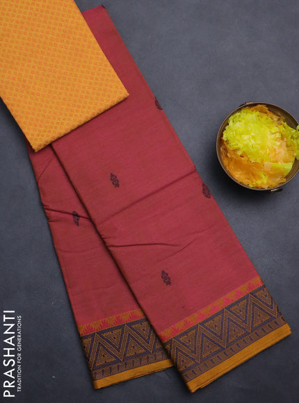 Chettinad cotton saree peach pink shade and mustard yellow with thread woven buttas and thread woven simple border