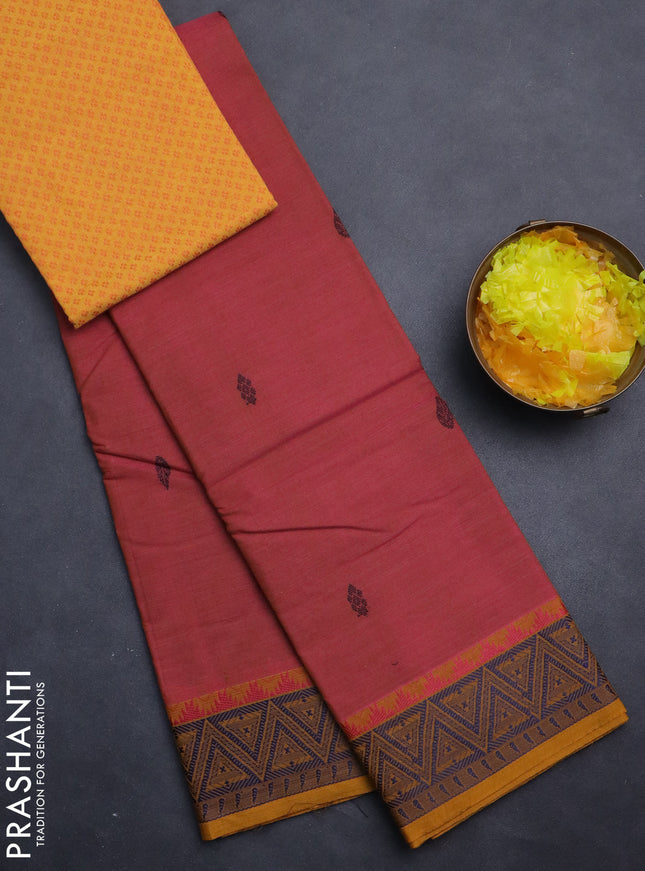Chettinad cotton saree peach pink shade and mustard yellow with thread woven buttas and thread woven simple border