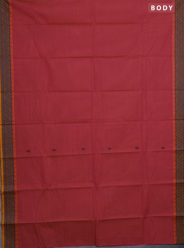 Chettinad cotton saree peach pink shade and mustard yellow with thread woven buttas and thread woven simple border