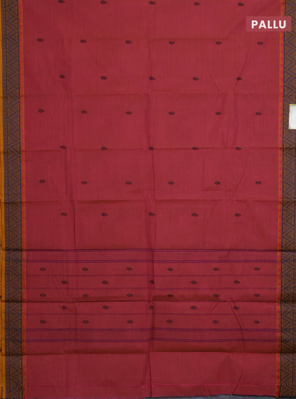 Chettinad cotton saree peach pink shade and mustard yellow with thread woven buttas and thread woven simple border