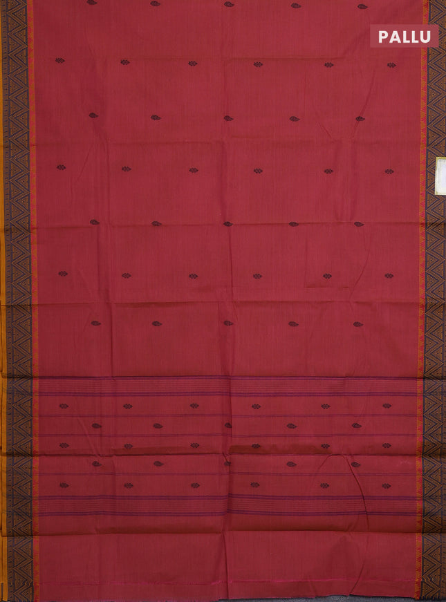 Chettinad cotton saree peach pink shade and mustard yellow with thread woven buttas and thread woven simple border
