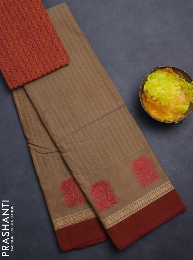 Chettinad cotton saree sandal and maroon shade with allover stripe pattern and thread woven simple border