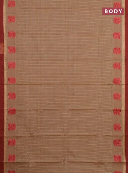 Chettinad cotton saree sandal and maroon shade with allover stripe pattern and thread woven simple border